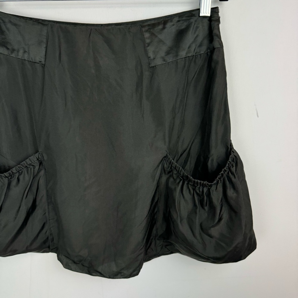 Prada 100% Silk Bubble Pockets Mini Skirt Sz 42 Dark Olive Satin - Picture 6 of 16